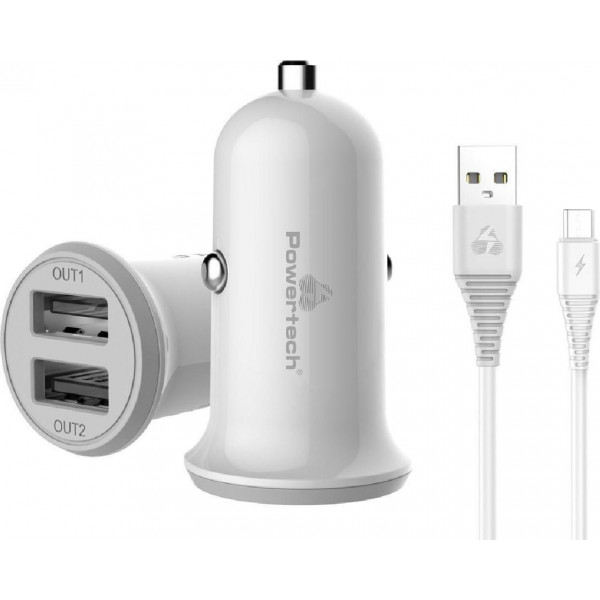 Φορτιστής Αυτοκινήτου Λευκός PT-772 Συνολικής Έντασης 3.4A με Θύρες: 2xUSB μαζί με Καλώδιο micro-USB